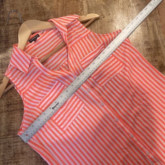 Express Shirt Women S Small Button Up Collared Sleeveless Pockets Orange Striped - Picture 9 of 10